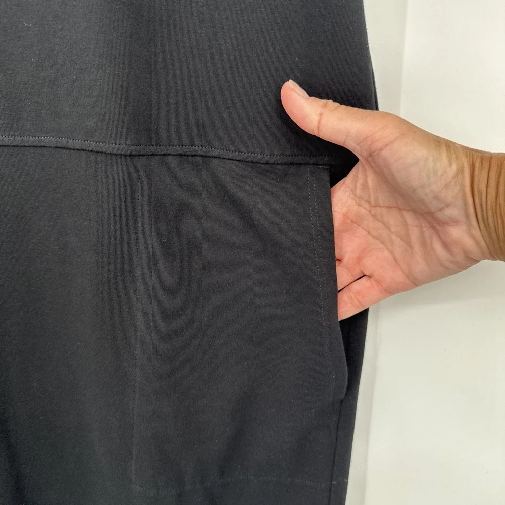 Eileen Fisher Black Organic Cotton Spandex Midi Dress Minimalist Boxy Pockets PM